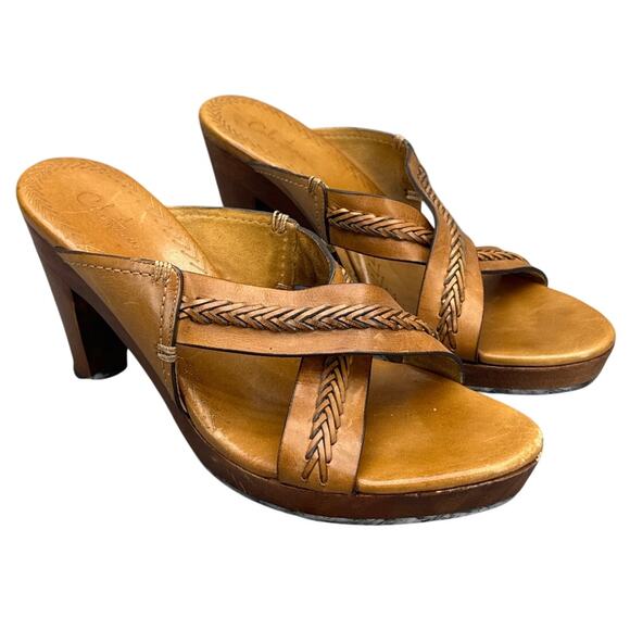 Cole Haan Skylar Tan Leather Cross Strap Slide Wooden Heel Sandal Women 9.5 B - Picture 1 of 8